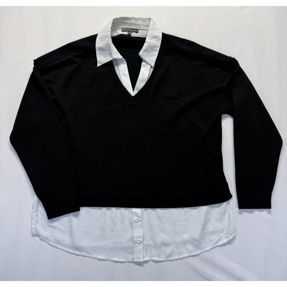 Adrianna Papell Twofer Sweater Women Medium Black White Tight Knit V Neck Ribbed